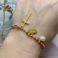 fashion freshwater pearl cross letter stainless steel charm bracelet for women 2022 gift jewelry