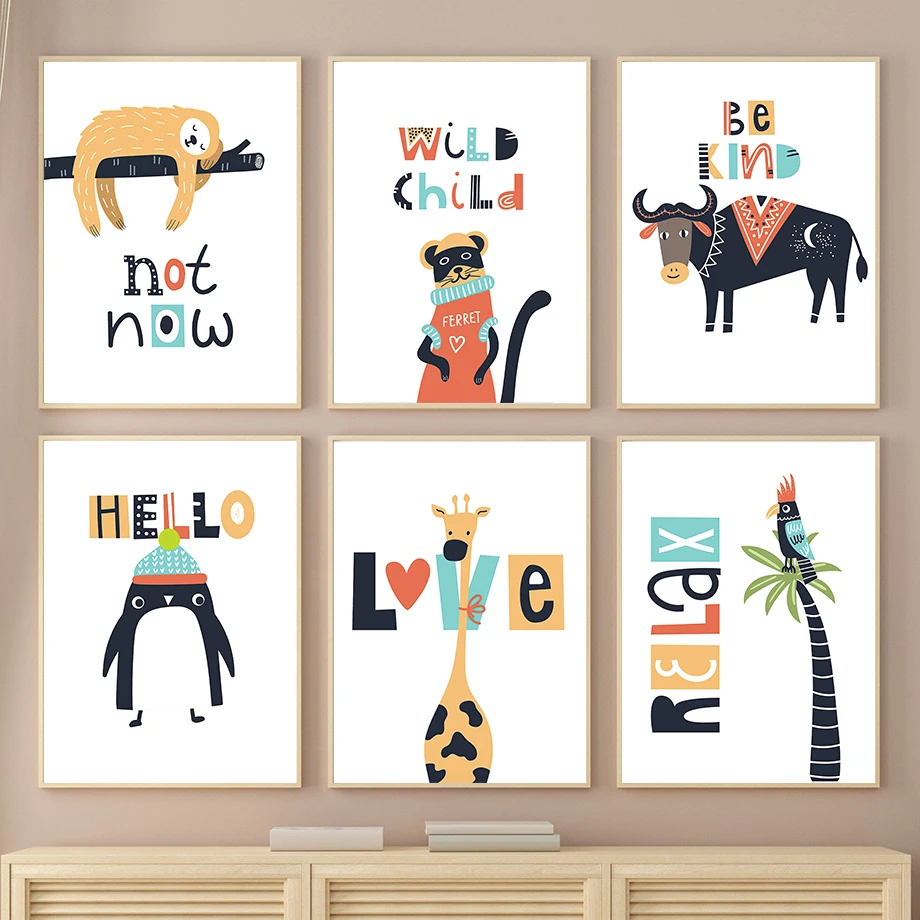 

Cute Lion Kangaroo Cow Giraffe Elephant Wall Art Canvas Painting Nordic Posters And Prints Wall Pictures Kids Room Home Decor|