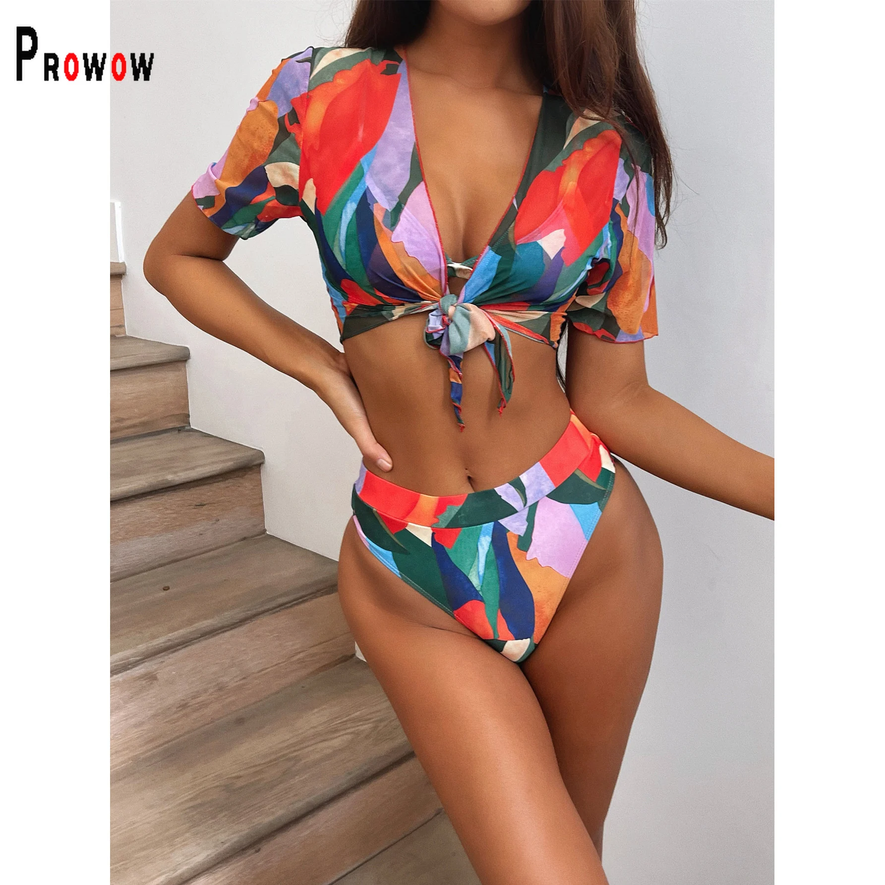 

Prowow Women Bikini Set Cover-ups Push Up Bra High Waisted Panty 3pcs Swimsuit Fashion Print Bathing Suits Beachwear Outfits