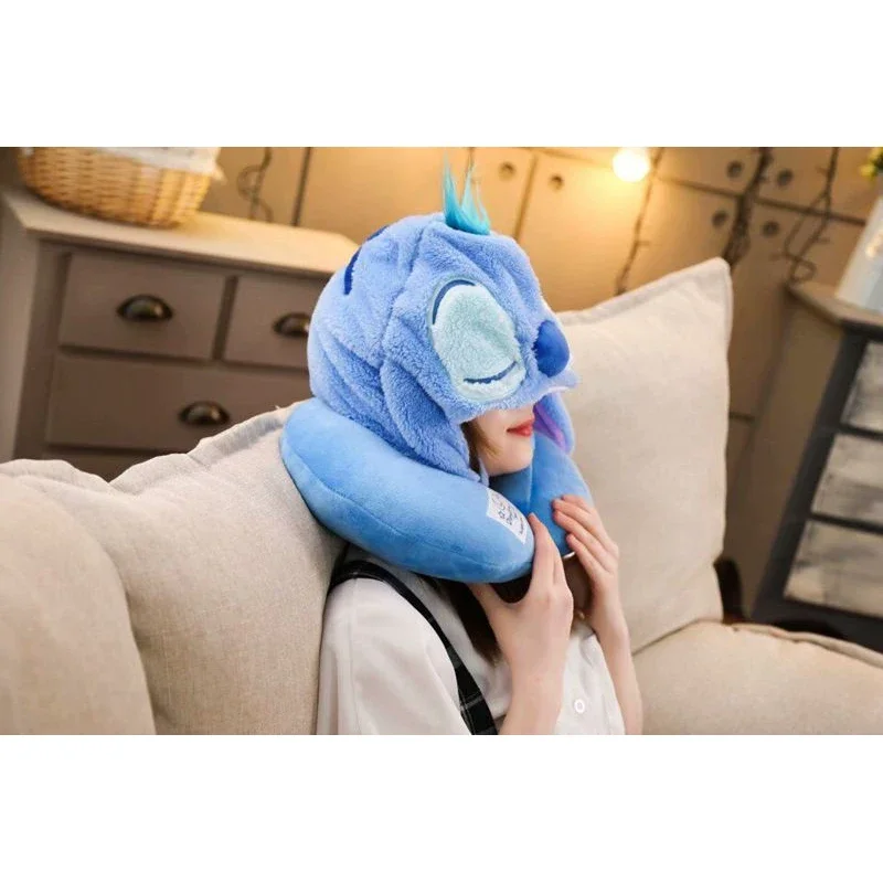 Дорожная U-образная подушка Disney Stitch модная офисная плюшевая для сна с капюшоном