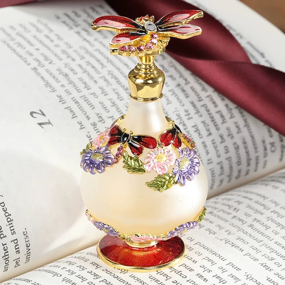 

1pc 25ml Perfume Bottle Vintage Frosted Glass Empty Container Hollow Metal Gem Embossed Butterfly Flower Decor Refillable Travel