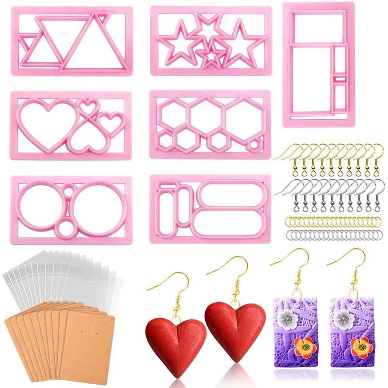 

7 Pieces Polymer Clay Cutters Clay Earring Cutters 7Shapes Clay Cutters with Earring Cards Earring Hooks Jump Rings