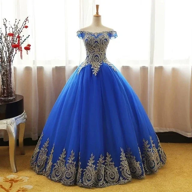 

Sweet 16 Ball Gown Quinceanera Dress Gold Appliques Off-Shoulder Vestidos De 15 Celebrity Party Gown Hot Sale
