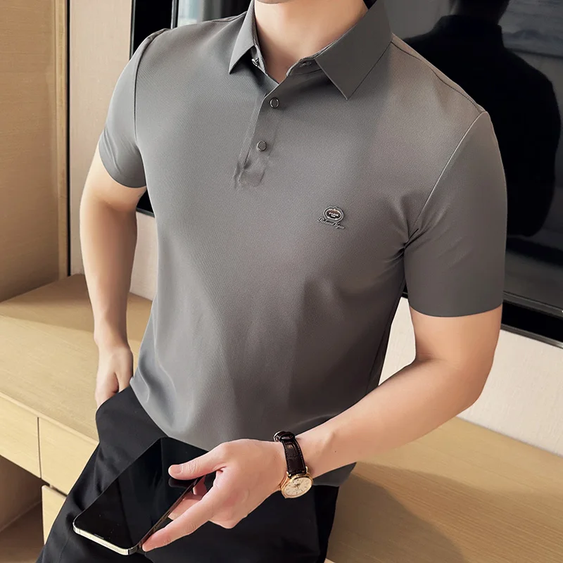 Высокоэластичная вафельная бесшовная рубашка-поло для мужчин летняя Облегающая
