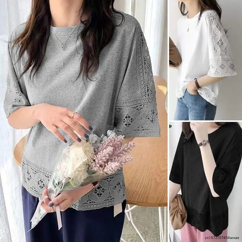

Bohemian Lace Tops Women Summer Blouses 2023 Casual Half Sleeve Blusas Female Hollow Out Solid Tunic Oversized Chemise