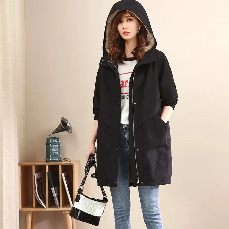 Thick Coat Outerwear Women's Autumn And Winter Medium Length  Hooded Solid Fleece Coats Slim Versatile Thickness Jacket
