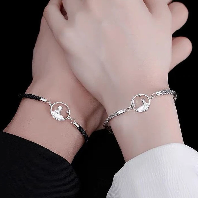 

Little Prince and Fox Couple Bracelets Silver Gray Alloy Braided Rope Bracelet Necklace Lover Wedding Gift Jewelry Accessories