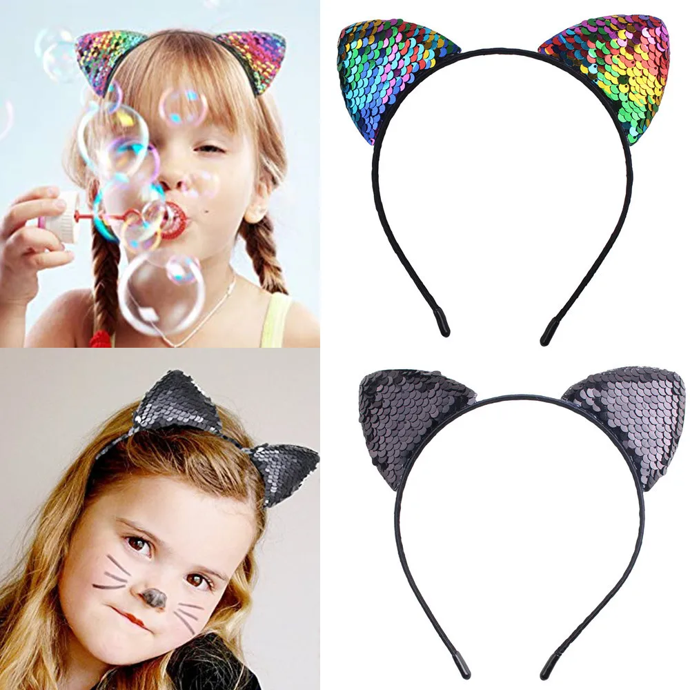 Повязка на голову с блестками и кошачьими ушками для девочек |