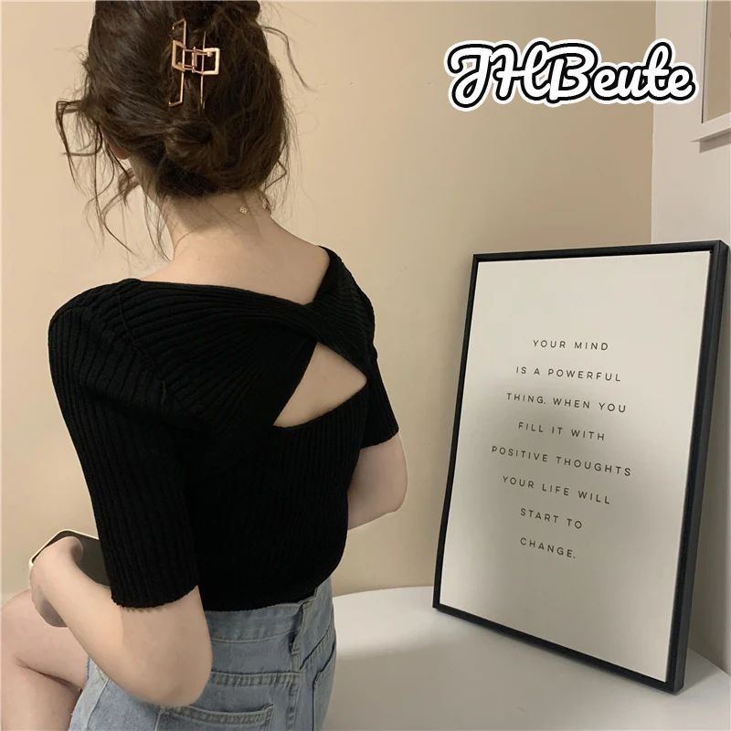 

New 2022 Women Summer T-Shirt Casual Bottoming Basic Solid Fashion Knitted Short Tee Cutout Korean Slim Wild Office Ladies Tops