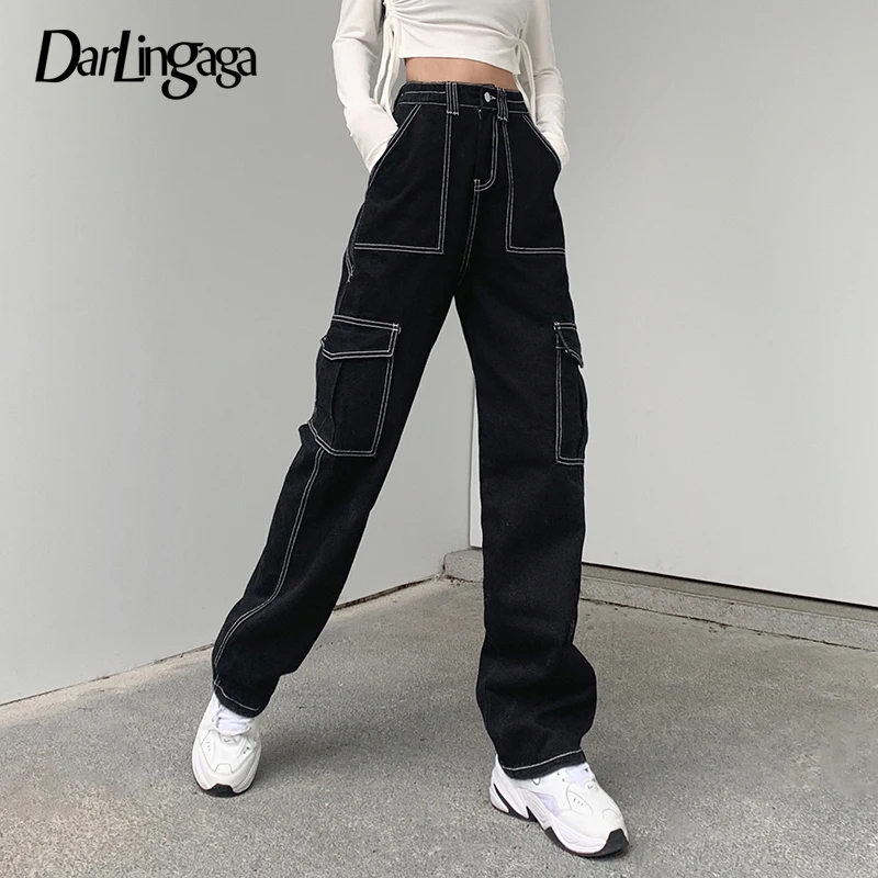 

Darlingaga Streetwear Line Stitched Straight Leg Cargo Trousers Women Casual Pockets Baggy Pants Jeans High Waisted Korean Jean