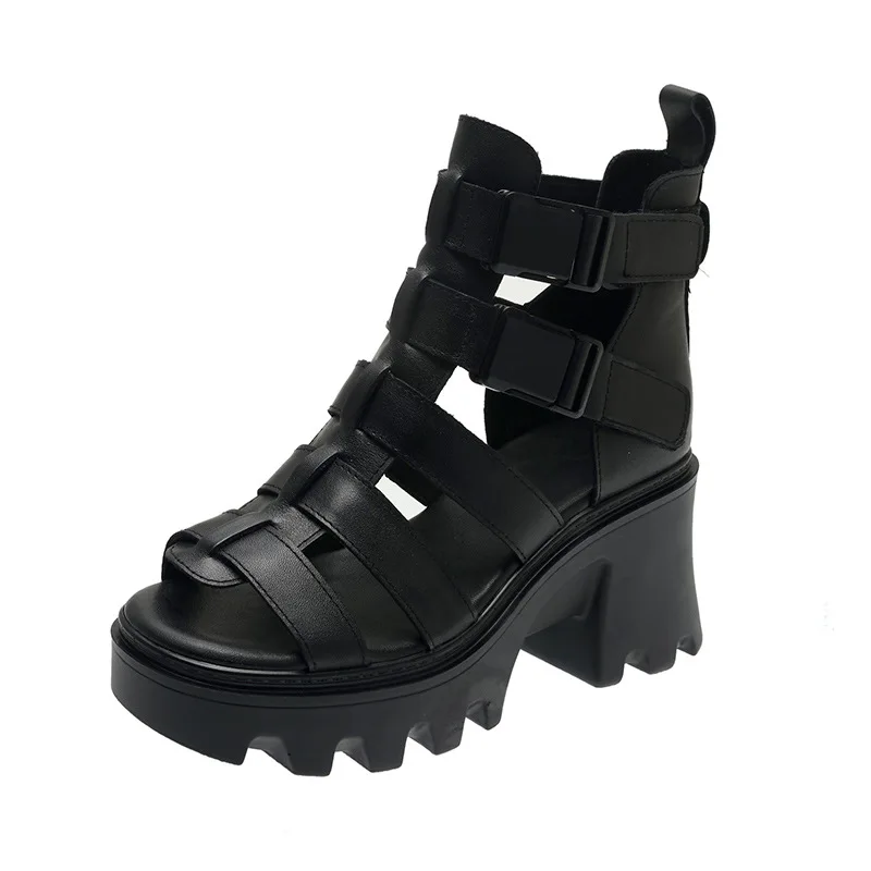 

Retro Women Sandals Elegant Ladies Middle Heel 8CM Shoes 2022 New Buckle Strap Wedges Sewing Handmade Concise Leisure Sandals