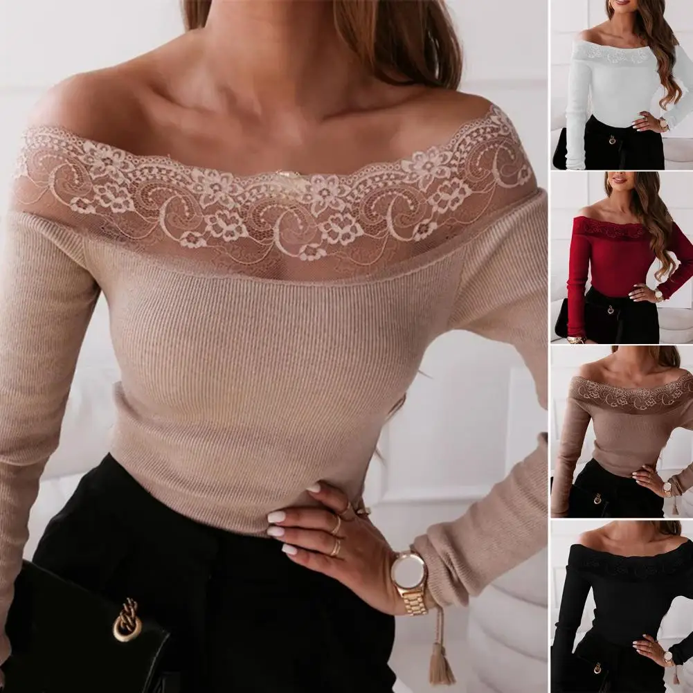 

Sexy Lace Collar Knitted Blouse Slash Neck Long Sleeve Solid Color Autumn Office Ladies Elegant Off Shoulder Ribbed Knitwear
