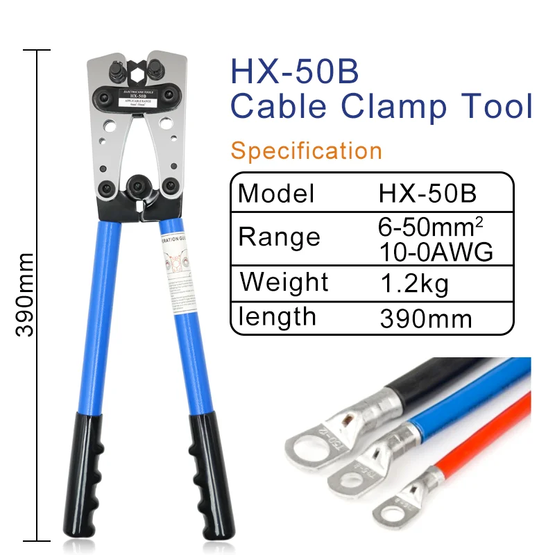 

HX-50B Cable Lug Crimping Pliers Heavy Duty 6-50mm² AWG 22-10 Wire Lugs Battery Terminal Nippers Copper Lugs Electrician Tool