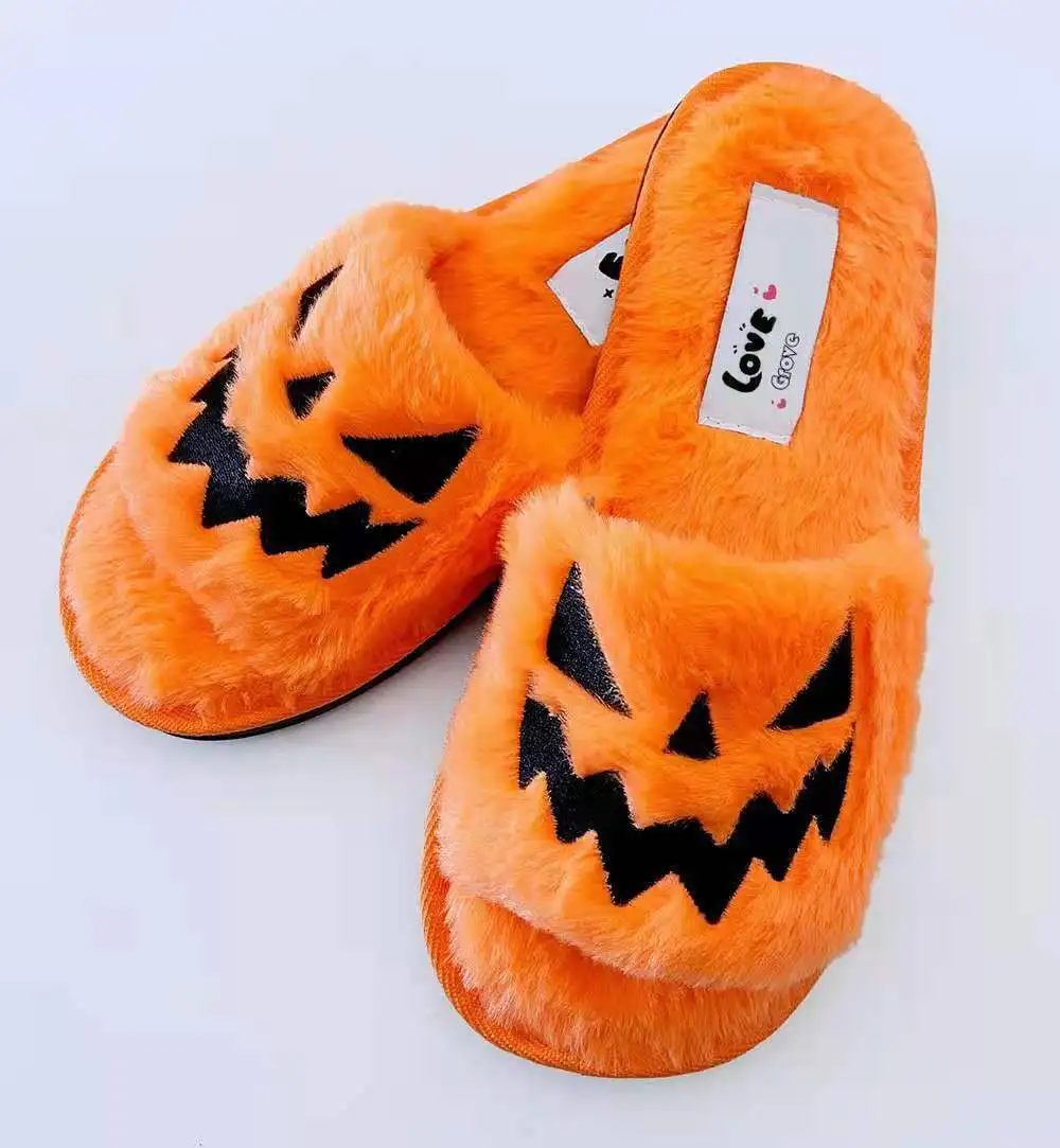 

New Women Winter Fluffy Flat Slippers Soft Warm Shoes Home Shoes Halloween House Slippers Black Fluffy Couple Slippers