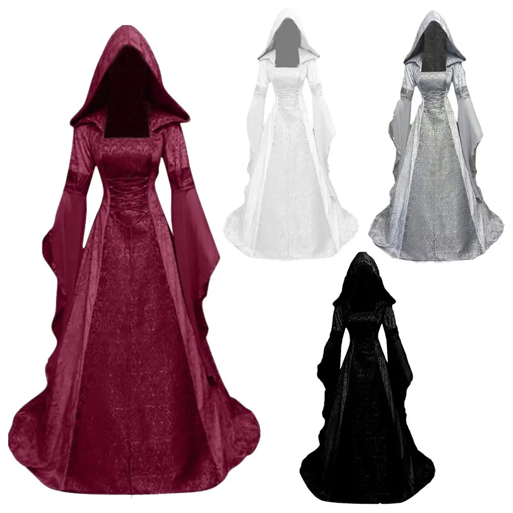 Medieval Renaissance Maxi Train Dress Adult Women Halloween Devil Pagan Witch Wedding Costume Hooded Gown Robe For Ladies