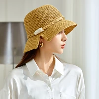linen braided fisherman cap streamers pearl bows bucket hat for women uv protection panama sun caps vacation beach hats