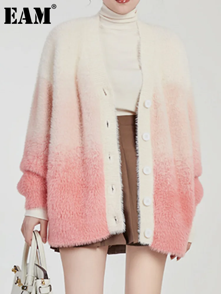 

[EAM] Gradual Color Big Size Knitting Cardigan Sweater V-Neck Long Sleeve Women New Fashion Tide Autumn Winter 2023 1DF4118