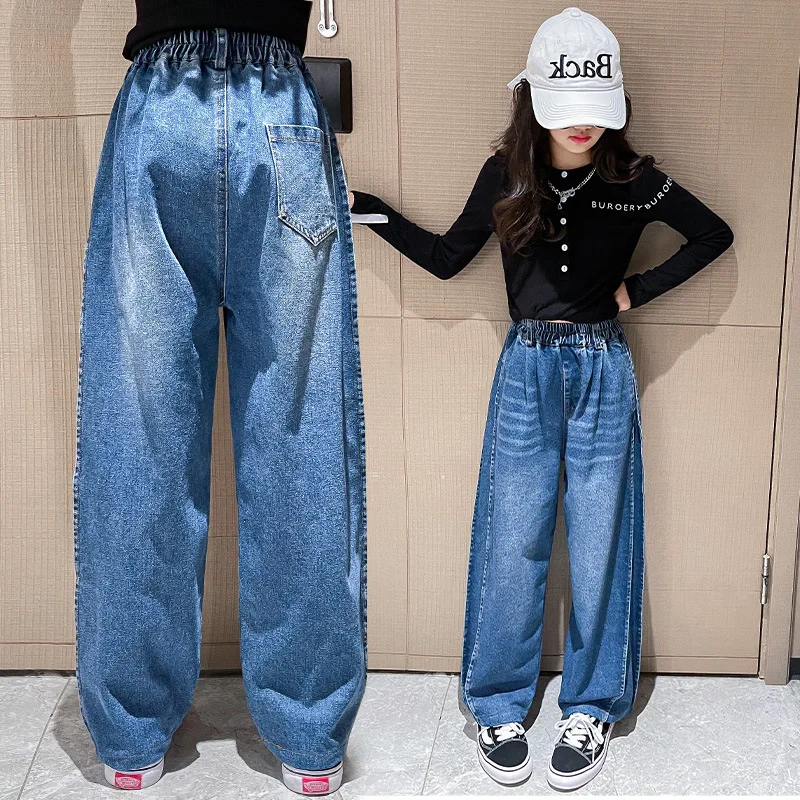 

2022 Children Jeans for Girls Autumn Loose Kids Straight Long Pants Teenage Clothes Girls Denim Trousers Casual Children Girls