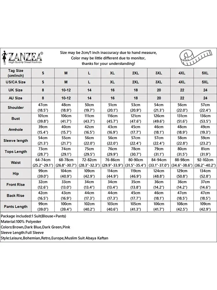 ZANZEA Eid Mubarek Muslim Sets Women Fashion Urban Tracksuit Long Sleeve Buttons Up Tops Loose Trouser Party Islamic Clothing