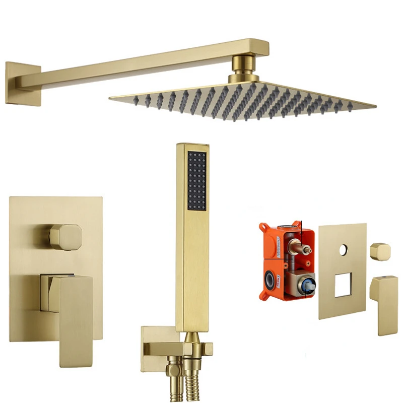 

Shower Set System Bathroom Faucet Mixer Tap Brass Brushed Gold Wall Arm Diverter Handheld Spray With 8-12" Rianfall Head