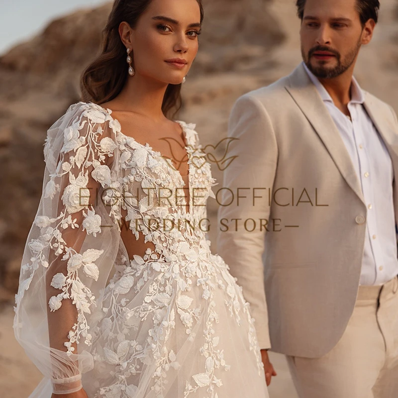 Eightree Boho A-Line Свадебные платья принцессы с пышными рукавами и аппликациями Кружевное свадебное платье Пляжное свадебное бальное платье для выпускного вечера по индивидуальному заказу (art.: 3920cd135a02a) - 3920cd135a02a