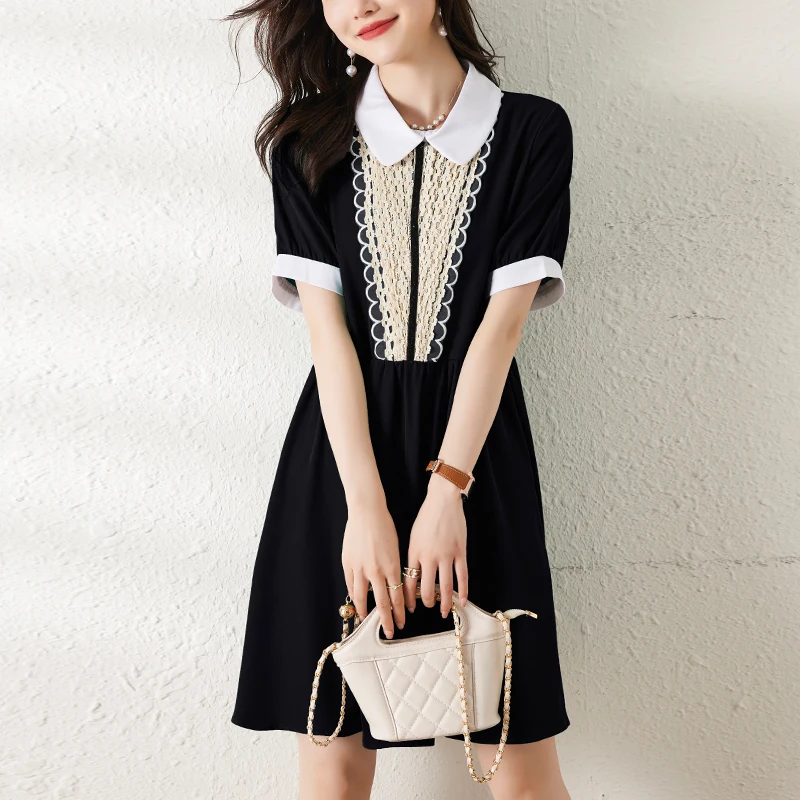 # 8026 Зеленое черное короткое платье трапециевидной формы с воротником Питера