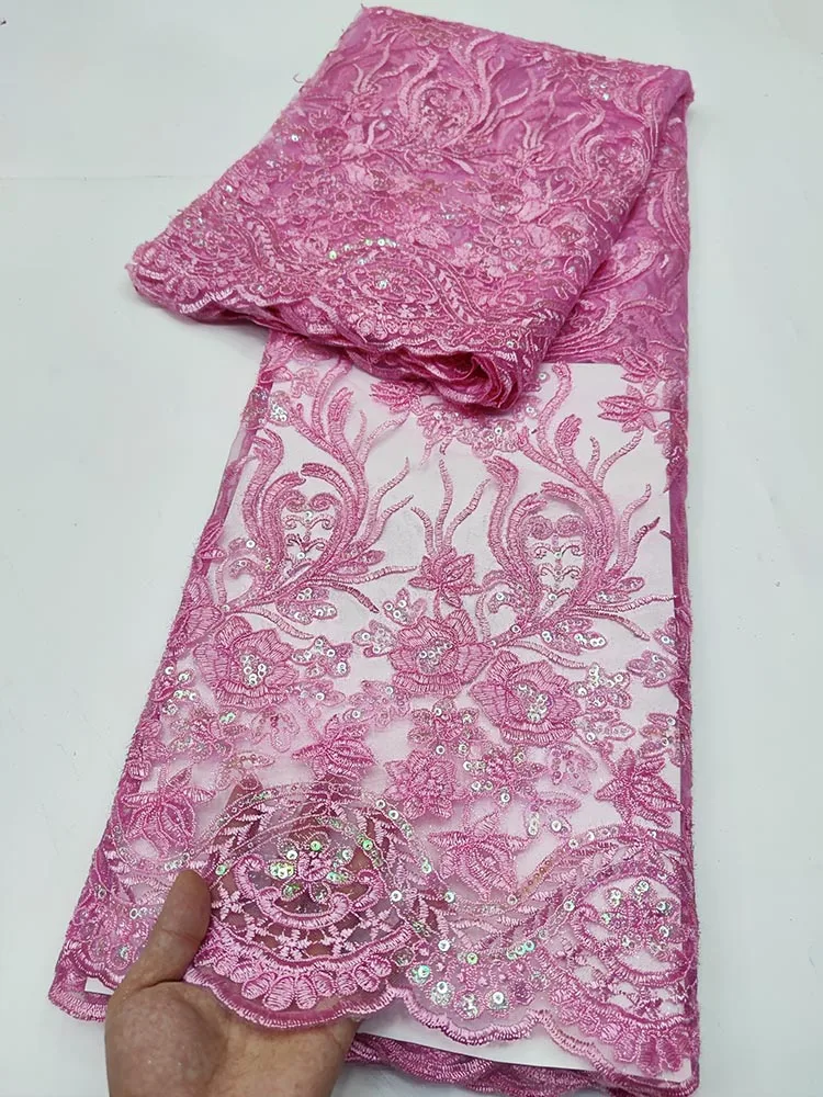 

African Net Lace Fabric High Quality Cord French Tulle Lace Fabric Embroidery Nigerian Guipure 3D Sequins Fabric For Wedding 5 Y