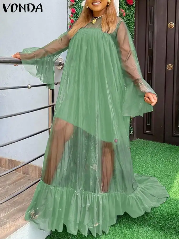 

VONDA Women Dress 2022 Summer See Through Evening Party Dress Lace Holiday Sundress Casual Vestidos Oversized Robe Femme 4#
