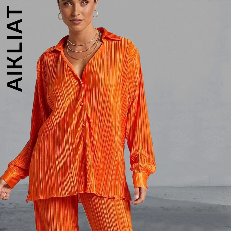 

Aikliat Women Set New Slim Sets Soft Long Pants Sportswear Long Pleated Long Sleeve Two Piece Sets Elegant Tracksuit Set Female