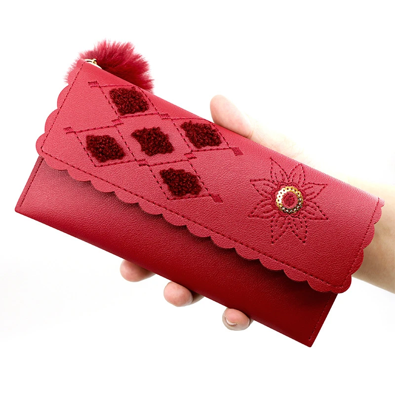 

Women Long Embroidery Wallets Creative Wool Ball Pendant Clutch Money Bag Hasp Card Holder Female Purses Cell Phone Pocket Pouch