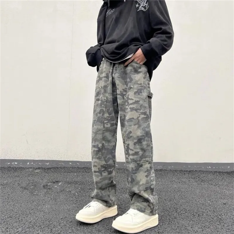 Джинсы-карго мужские камуфляжные прямые штаны свободные брюки с пуговицами и