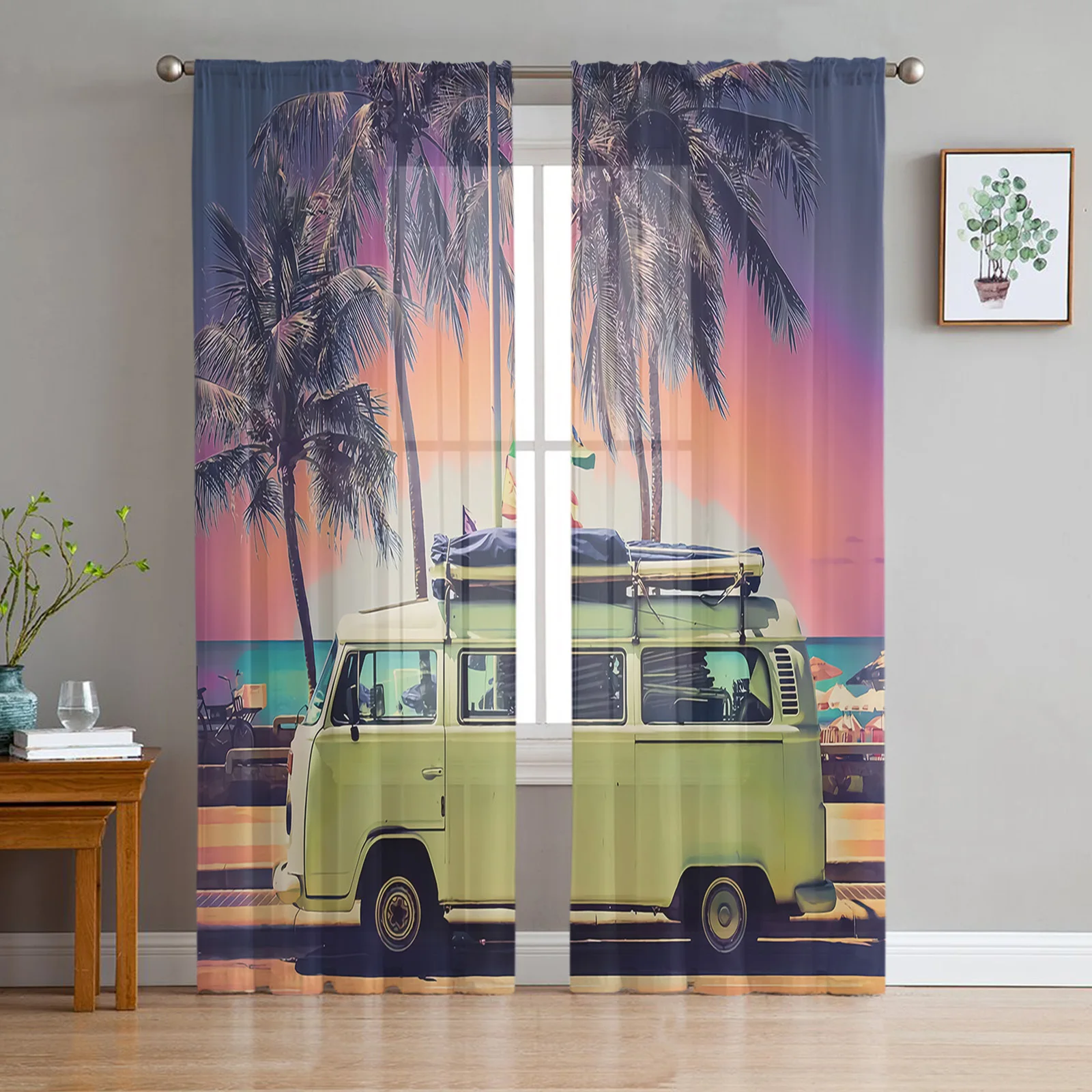 Summer Dusk Seaside Bus Tropical Palm Trees Tulle Sheer Curtains for Living Room Decoration Bedroom Kitchen Voile Window Curtain