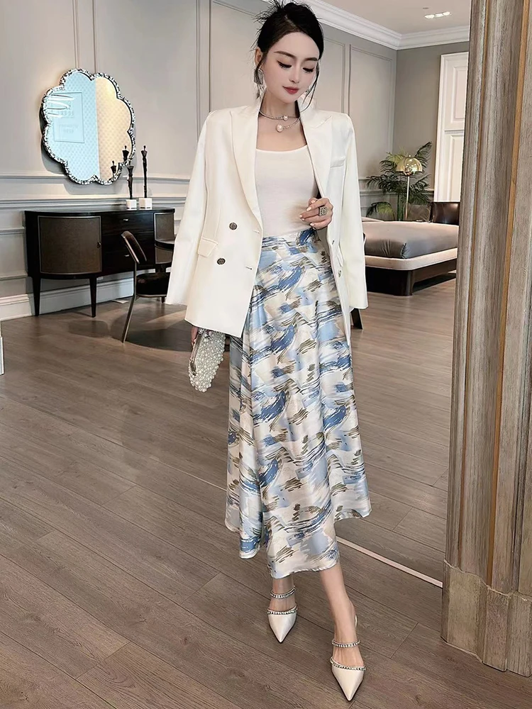 

Elegant Office Blazer Suits Print Skirt Two Piece Dress Sets Women Outfit 2023 New Autumn White Conjuntos De Falda Vestidos