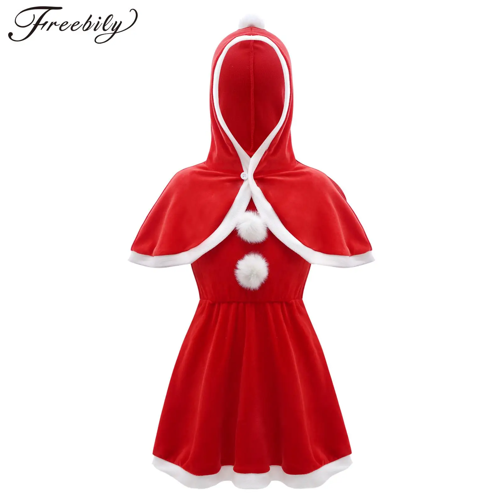 

Toddler Girls Christmas Clothes Santa Claus Cosplay Costume Sleeveless Pom-poms Dress with Hooded Shawls Party Roleplay Outfits