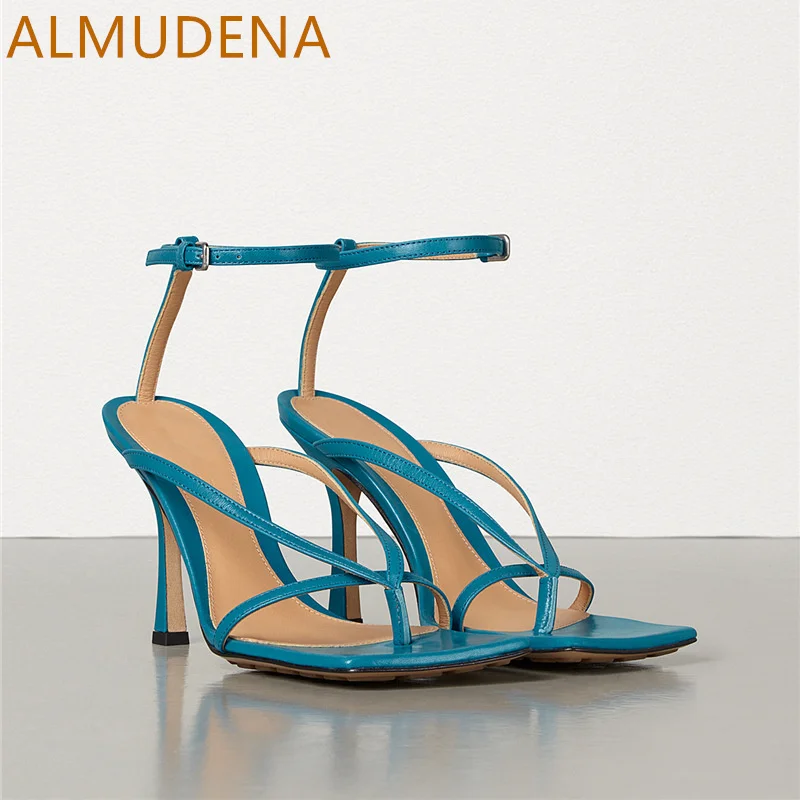 Square Toe Thin Heel Narrow Band Women Sandals Solid Sheepskin Super High Heel Flip-flops Buckle Strap Shoes Modern Dress Sandal