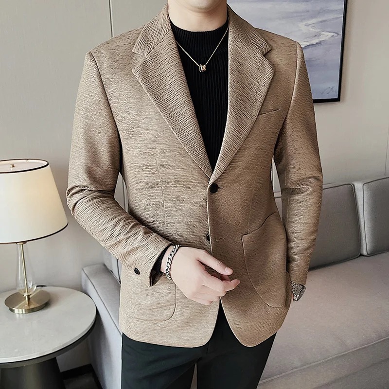 High-quality Striped Pleat Men Blazer Slim Casual Business Dress Suit Jackets Social Wedding Coat StreetwearMen Clothing 2022
