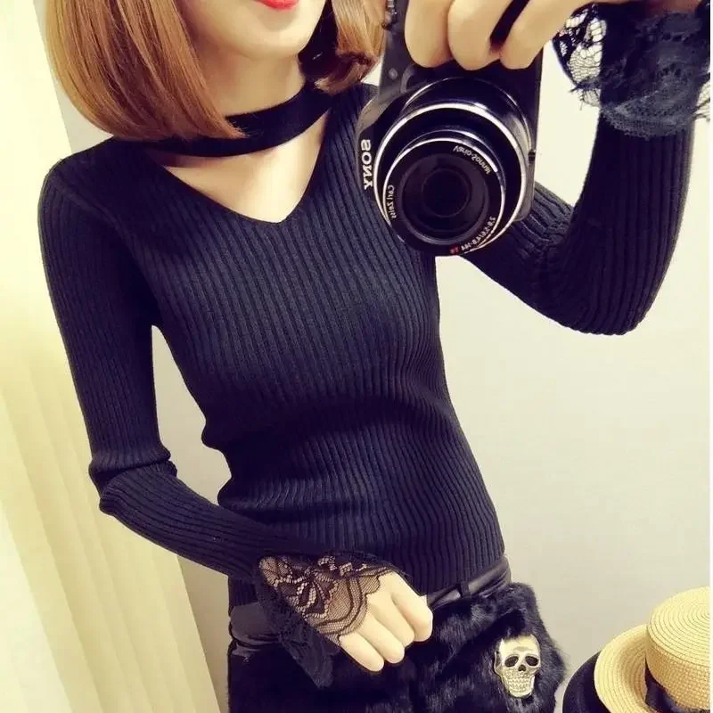 

Knit Tops for Woman Pullovers Women's Sweater See-through Halter Neck Mesh Turtleneck Black Korean Style Designer Streetwear Hot