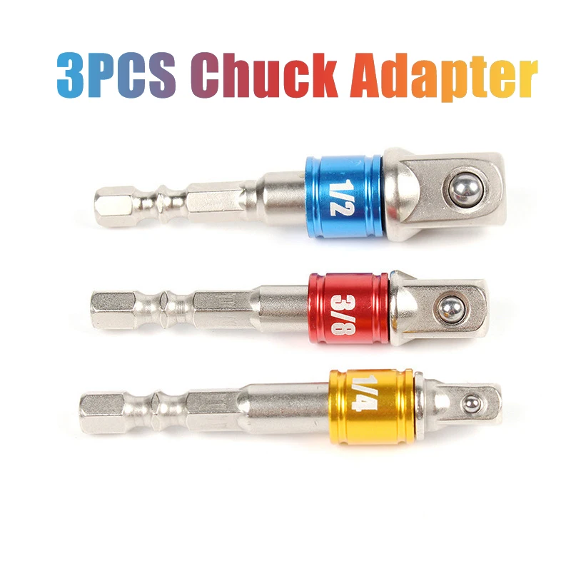 

3pcs 1/4" Hex Shank Wrench Drive Power Drill Socket Drill Adapter Socket Extension Bit Adaptor 1/4 3/8 1/2" Screwdriver Tool Set
