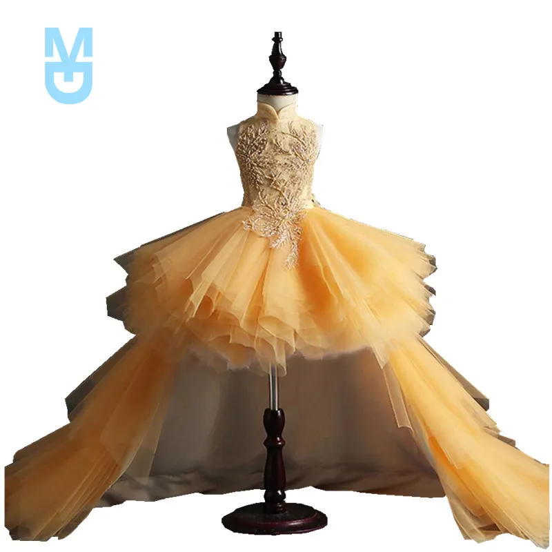 

New Long Trailing Gold Lace First Communion Dress Beads Tulle Ball Gown Girls Pageant Gown Flower Girl Dress for Weddings
