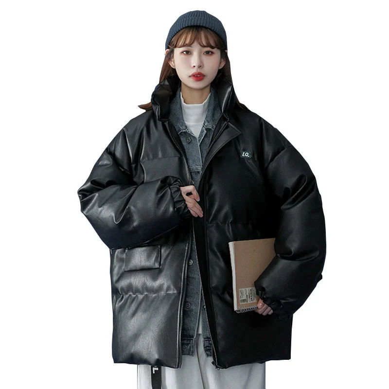 High Quality PU Down Cotton Coats Women 2023 Leather Jacket Elegant Shiny Loose Coat Lady Fashion Winter Warm Overcoat OK1034