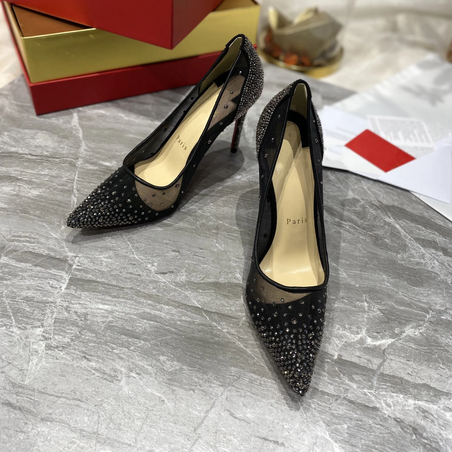 

Top Quality Womens High Heels Luxury Fashion Ladies Crystal Glisten Red Sole Shoes Classic Retro Designer 10cm High Heel 1516HJ
