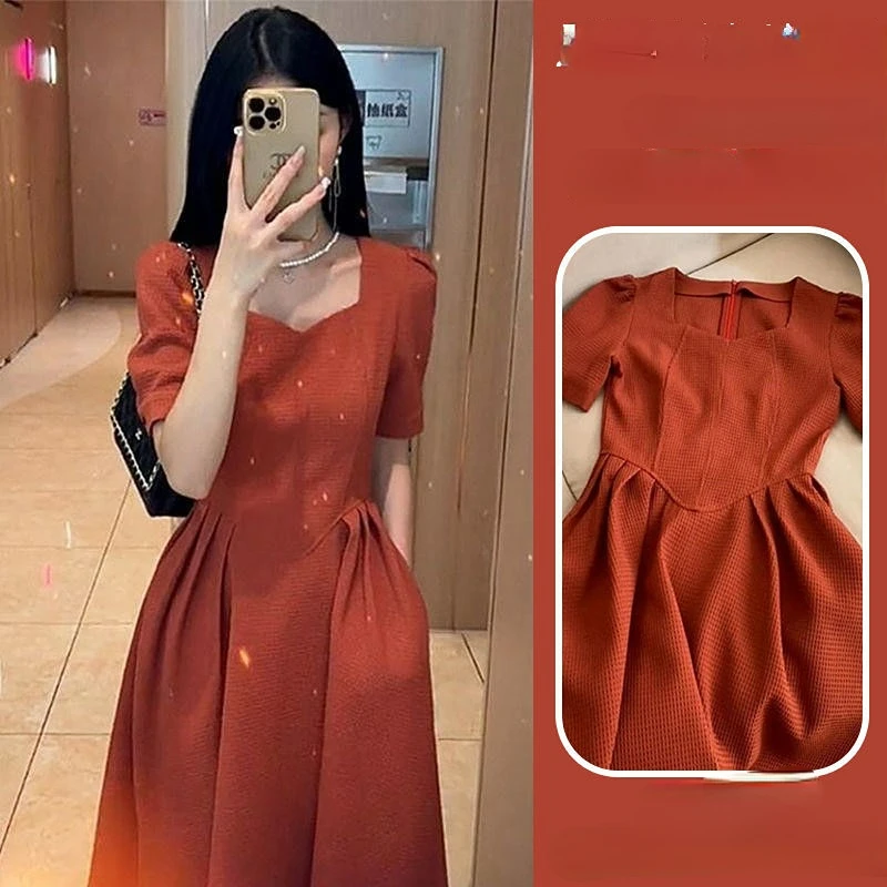 

2023 Women's Summer Solid Color Midi Dress Short Sleeve Elegant Party Vestidos Female Fashion Charm New Casual Clothes Q07