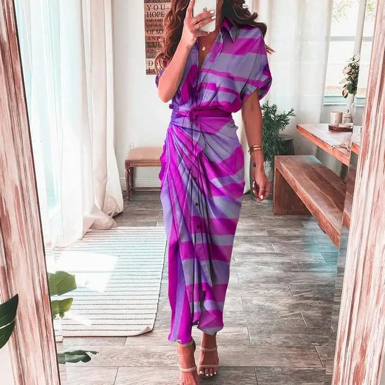 

Summer Bandage Shirt Dress Women Fashion Button Ruched Waist Tie-up Long Dresses Female Casual Short Sleeve Printed Dress Robe