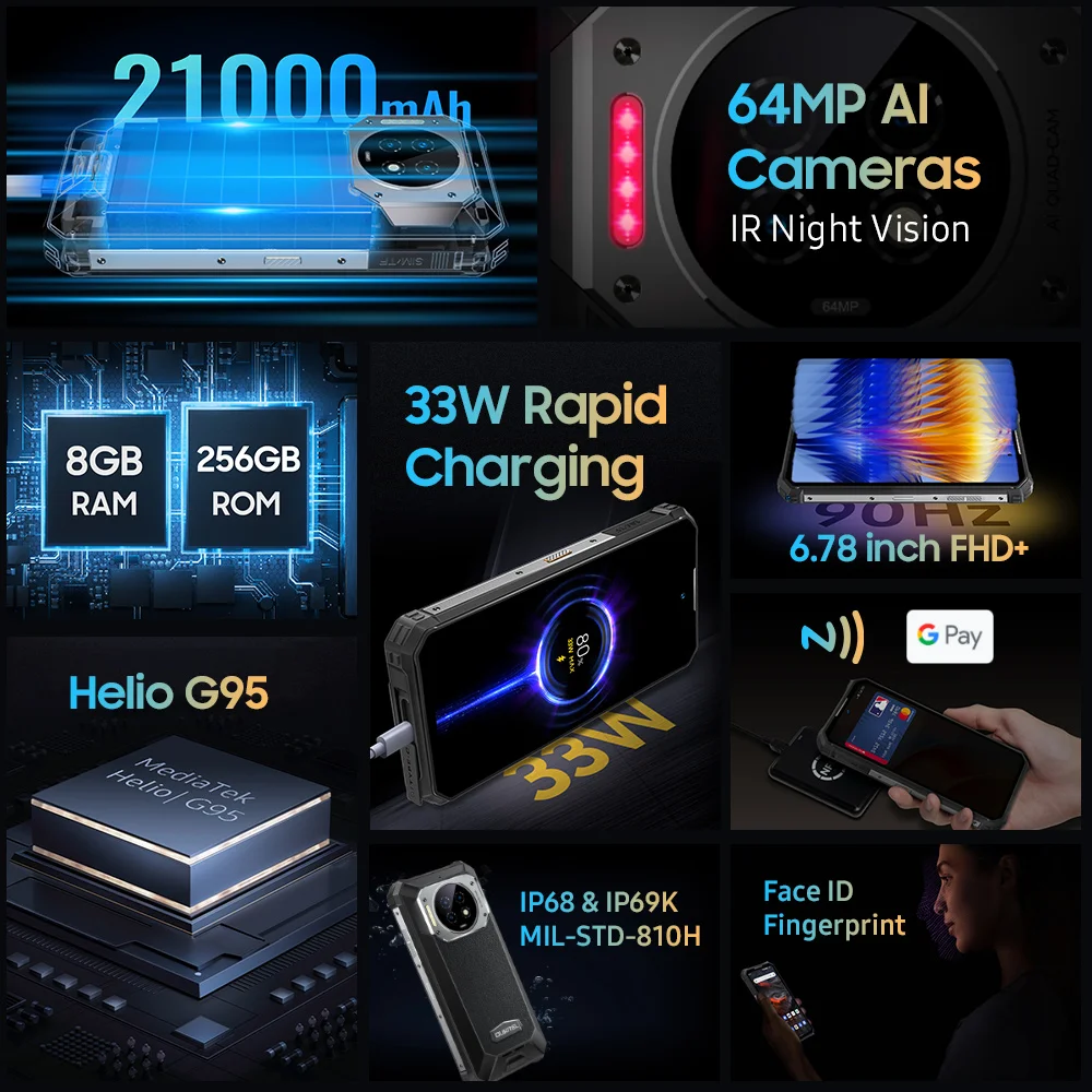 OUKITEL WP19 Rugged Smartphone 21000mAh 6.78'' FHD+ 8GB + 256GB 64MP Triple 20MP Night Vision Camera 90Hz Helio G95 Cell Phone