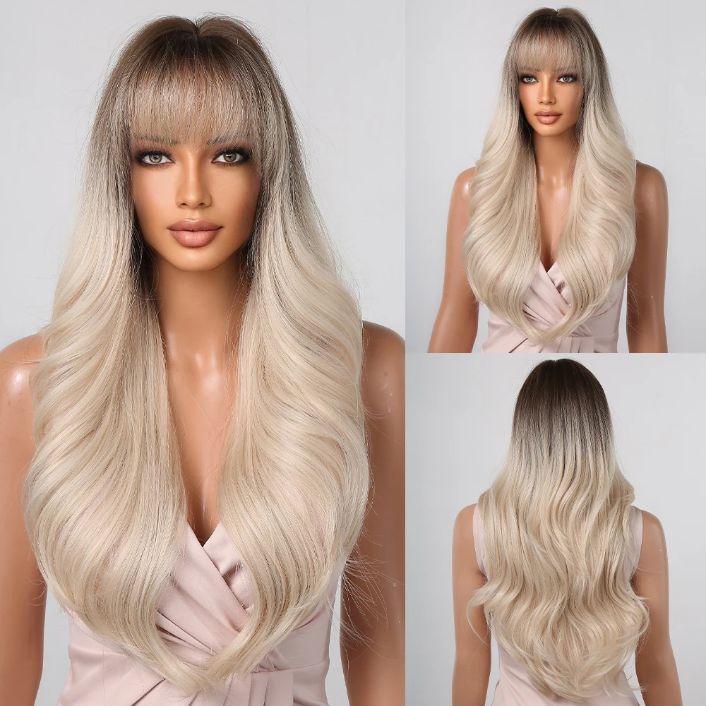 

Brown Ombre Platinum Blonde Long Wavy Synthetic Wigs with Bang Natural Hair Wigs for Afro Women Daily Party Heat Resistant Fiber
