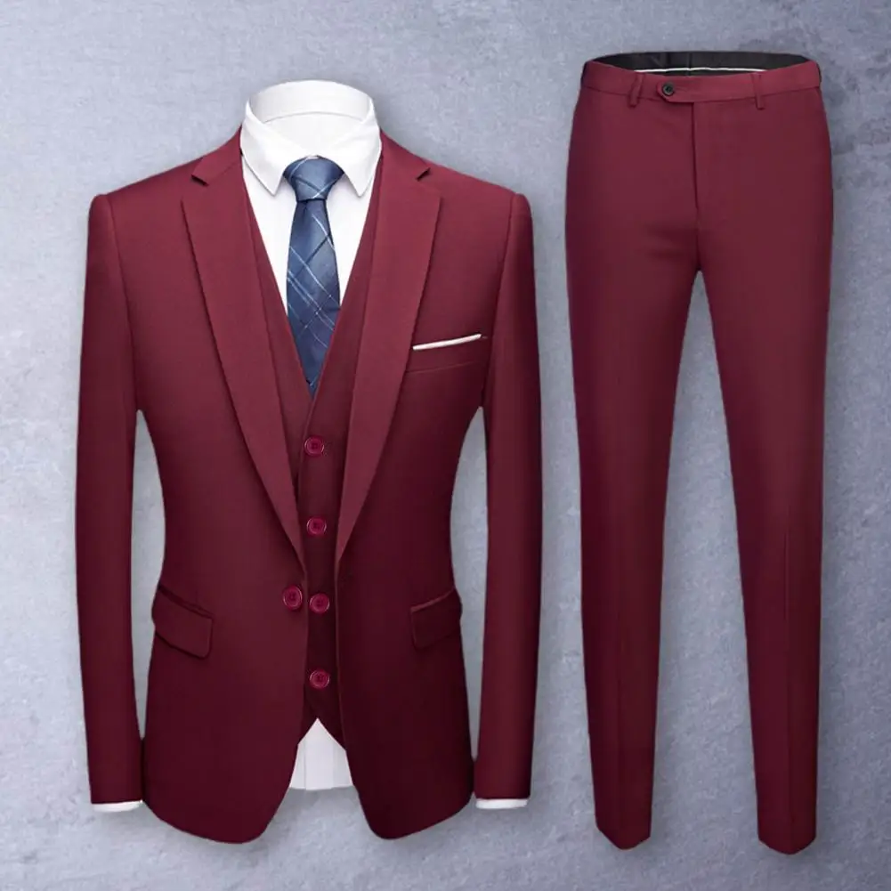 

1 Set Trendy Groom Suit Super Soft Jacket Vest Trousers Solid Color Slimming Buttons Formal Suit Slim Fit