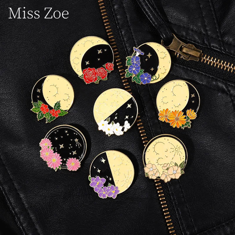 Floral Decorative Enamel Pin Rose Daisy Gardenia Astrology Crescent Brooches Star Moon Design Lapel Badges Jewelry Pin For Women