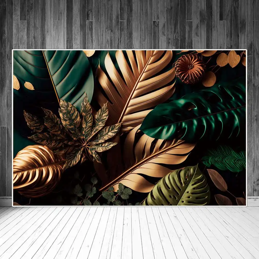 

Golden Green Monstera Leaves Backdrops Photography Decoration Home Tropical Party Custom Photozone Photo Backgrounds Accessories