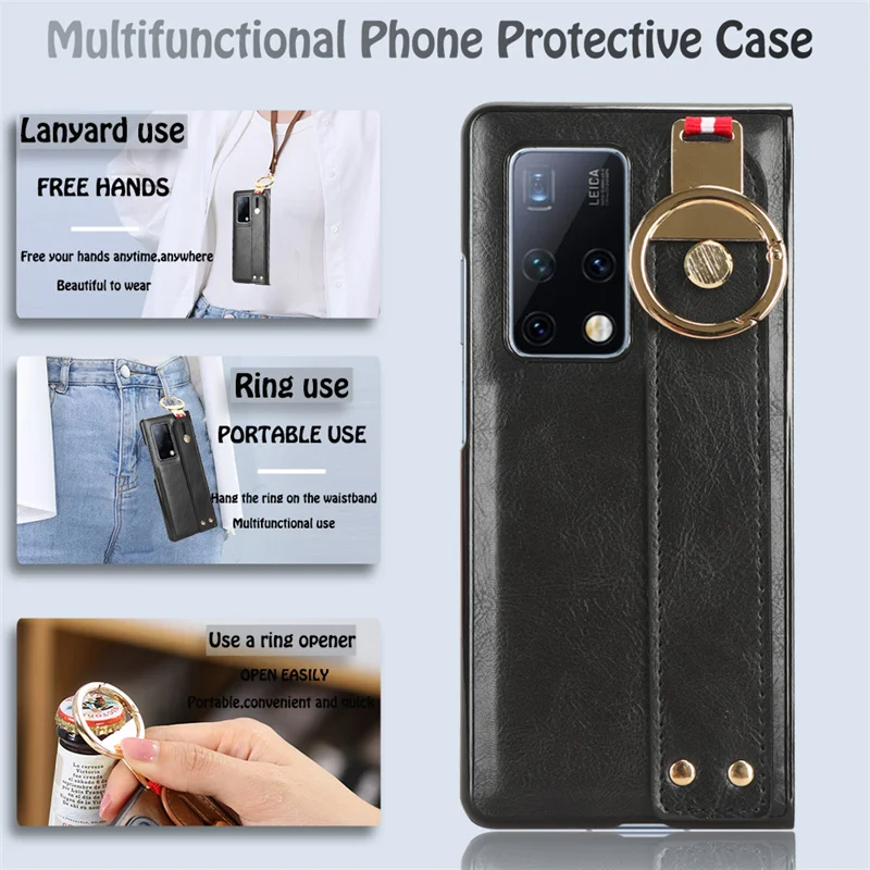 

For Huawei Mate X2 Case Luxury Lanyard PU Leather Huawei Mate X2 TET-AN00 Wristband Ring Camera Protection Shockproof Bumper