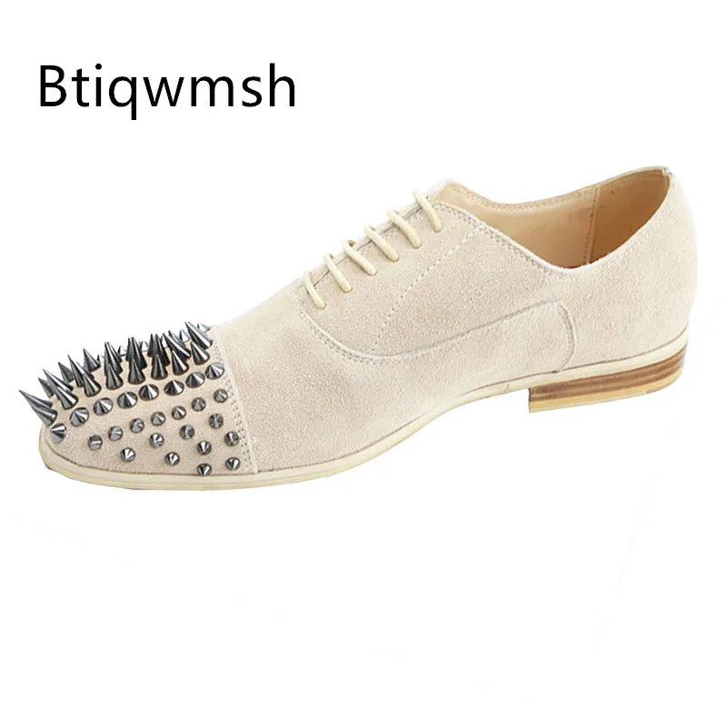 

Nude Luxury Spiked Shoes Man Pointed Toe Silvel Studded Rivet Real Suede Leather Lace Up Flats Male Wedding Shoes